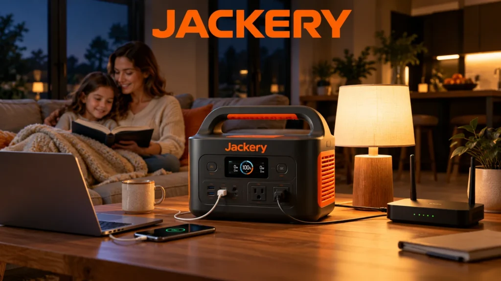 Jackery Powerstation als mobile Stromreserve im Wohnbereich mit angeschlossener Lampe und Smartphone.