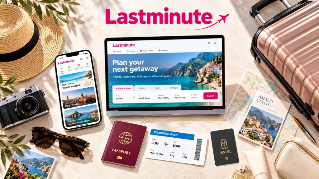 Lastminute Flug-und-Hotel-Reise mit Smartphone, Gepäck, Flugticket und Hotelkarte
