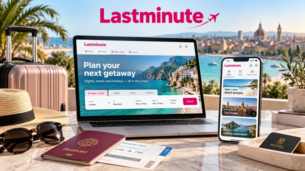 Lastminute Flug-und-Hotel-Reisebuchung mit Laptop, Smartphone und Reisegepäck