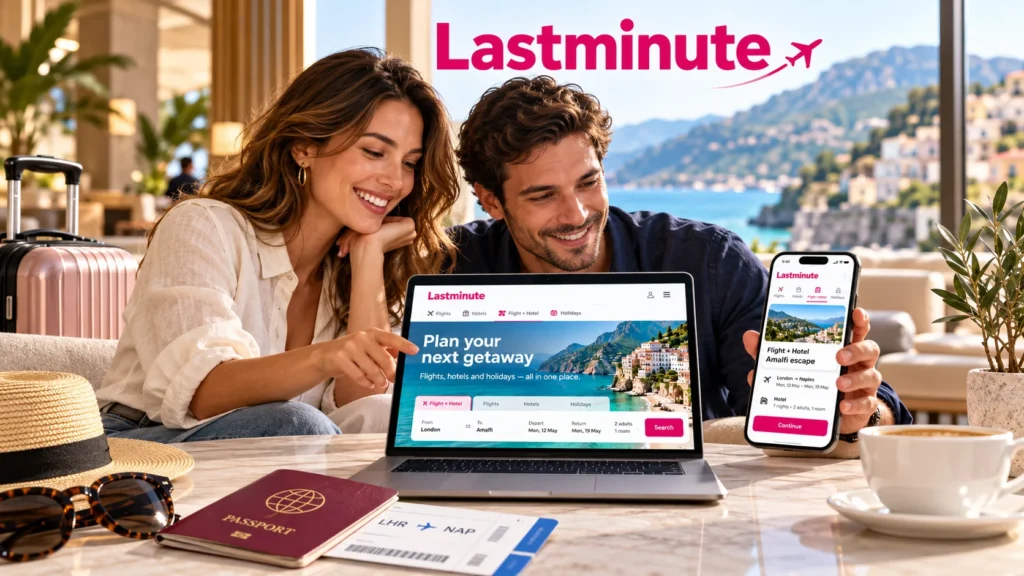 Paar plant eine Lastminute Flug-und-Hotel-Reise mit Laptop und Smartphone