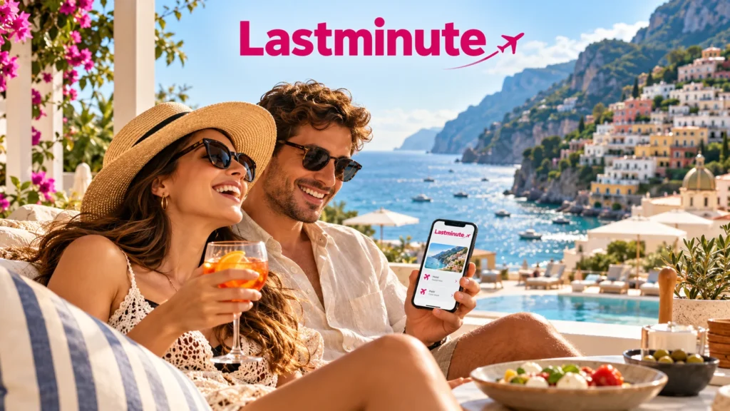 Reisende genießen ihren Urlaub und prüfen die Lastminute Reisebuchung per Smartphone