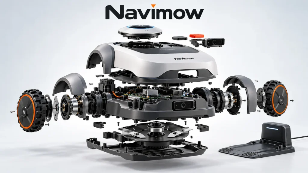 Illustrative Explosionsansicht eines Navimow Mähroboters mit Rädern, Gehäuse und Mähwerk