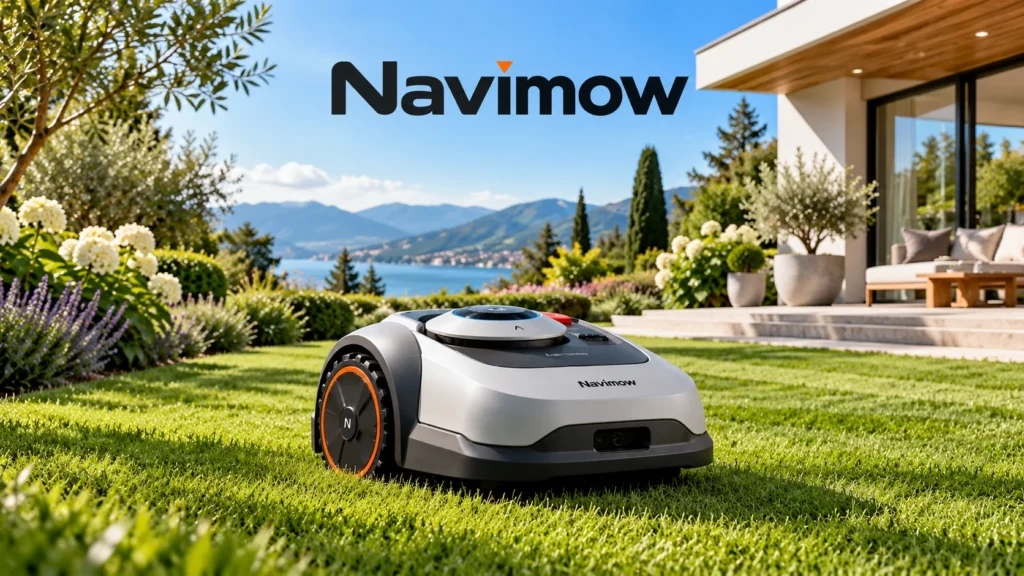 Navimow Mähroboter beim Mähen einer grünen Rasenfläche in einem gepflegten Garten