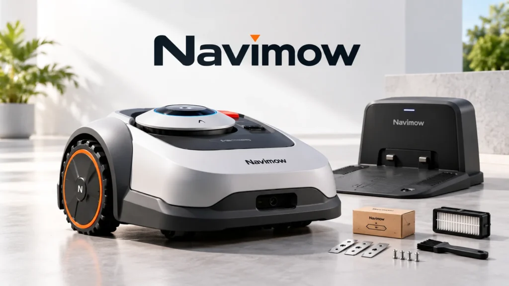 Navimow Mähroboter mit Ladestation und beispielhaft dargestelltem Wartungszubehör