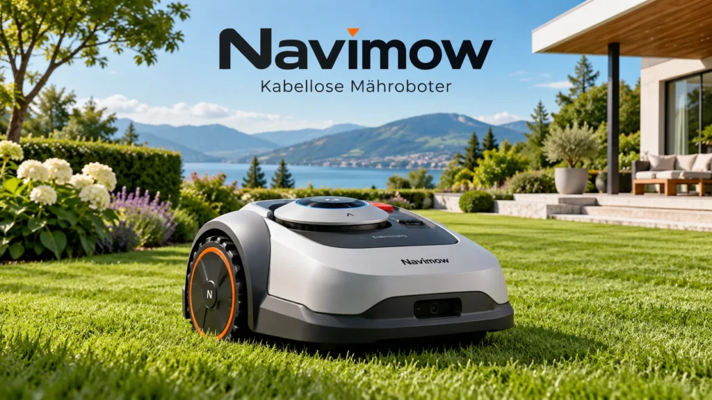 Navimow Mähroboter ohne Begrenzungskabel auf gepflegtem Rasen in einem modernen Garten