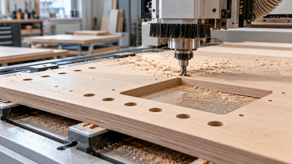 präzise cnc bearbeitung eines maßgefertigten plattenzuschnitts mit bohrungen und ausschnitt