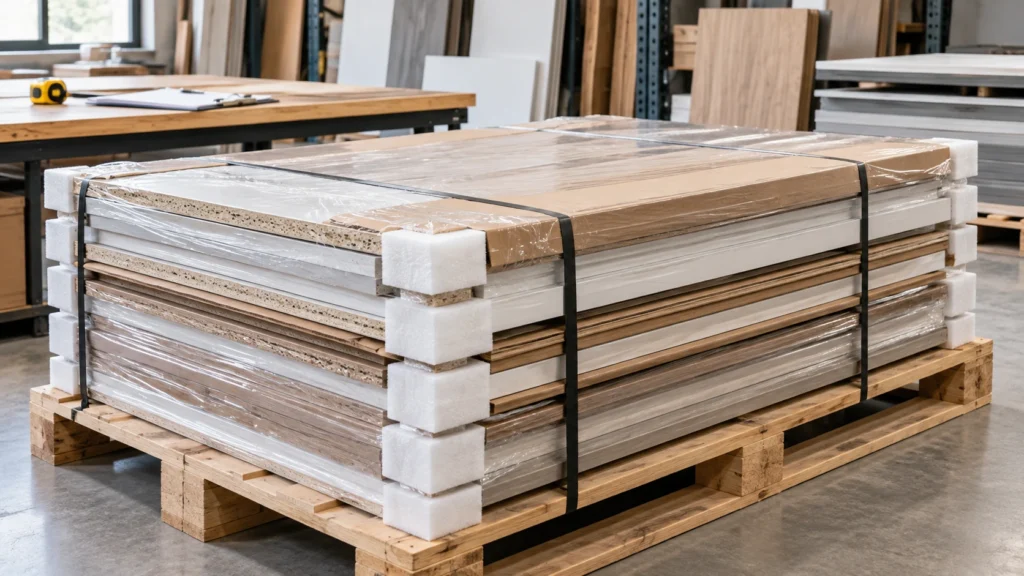 sicher verpackte maßgefertigte platten auf palette für versand und lieferung