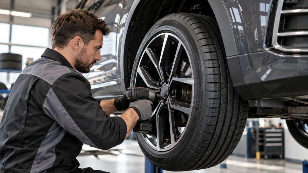 mechaniker montiert autoreifen mit alufelge in einer werkstatt