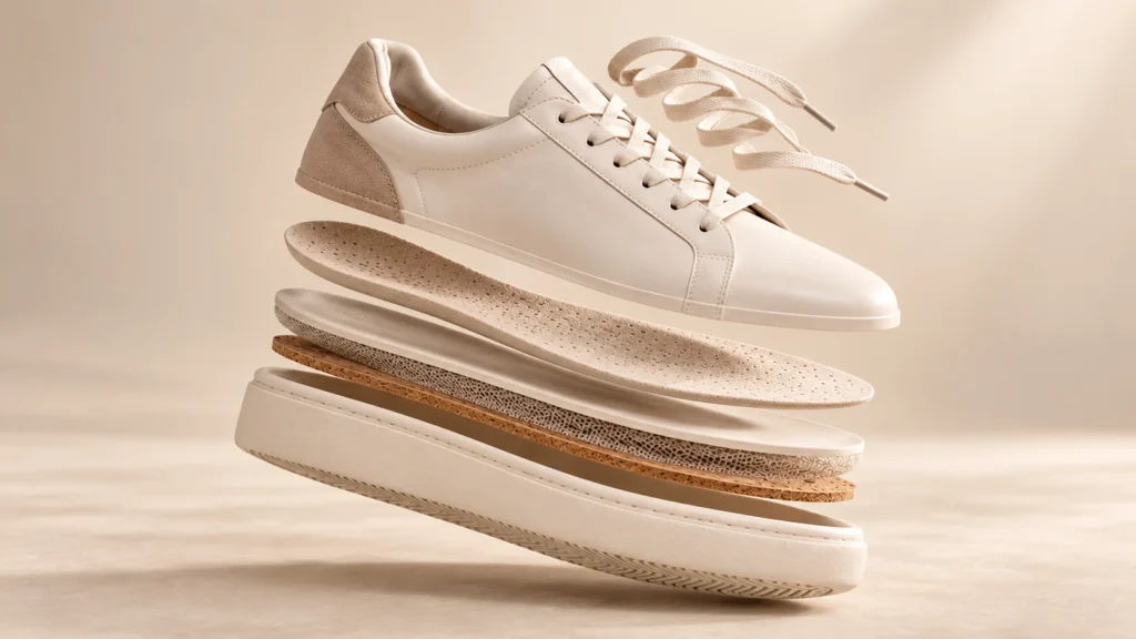 Illustrative Explosionsansicht eines veganen Sneakers mit Obermaterial, Innensohle und Laufsohle