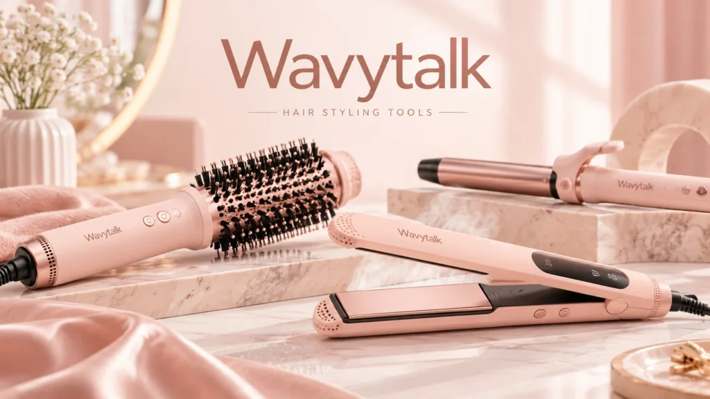 Rosafarbene Wavytalk Haarstylinggeräte mit Thermobürste, Dampfglätteisen und Lockenstab.