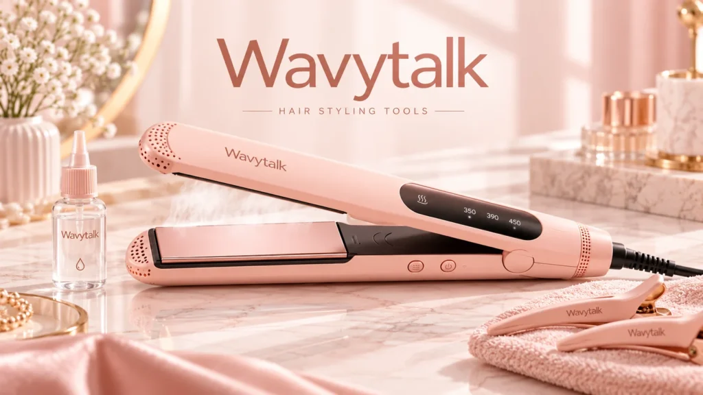 Wavytalk Steam Sesh Dampfglätteisen in Rosa mit geöffneten Stylingplatten und Zubehör.